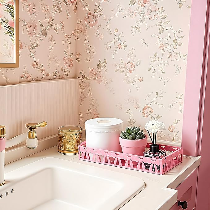 Pink Bow Toilet Paper Basket Cute Metal Toilet Tank Paper Holder with Handle Pink Bow Bathroom Storage Organizer Coquettish Preppy Accessories Decor for Bathroom Restroom