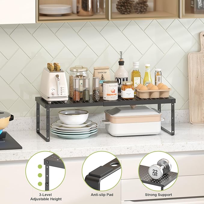 RUILALIFE Expandable Cabinet Organizer Shelf With Adjustable Height, Stackable Kitchen Countertop Organizer Rack, Adjustable Shelf Riser For Kitchen Counter, Pantry, Cupboard, Desk, Tabletop