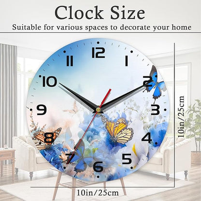 Wall Clock, 10 Inch Silent Non-Ticking Home Kitchen Decor, Battery Operated for Bathroom Bedroom Living Room Office(Butterfly Flower Daisies)