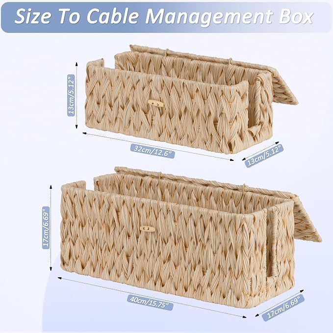 efluky 2 Pack Plastic Cable Management Boxes, Hand-Woven Cord Organizer Box with Lid, 2 Open Slots Cable Organizer Basket to Hide Power Strip and Charger for Home & Office and Dorm,Natural