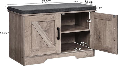 2-Tier Storage Bench, 27.6" Wide Shoe Bench with Padded Seat Cushion, Entryway Bench with 2 Barn Doors and Adjustable Shelf, Greige