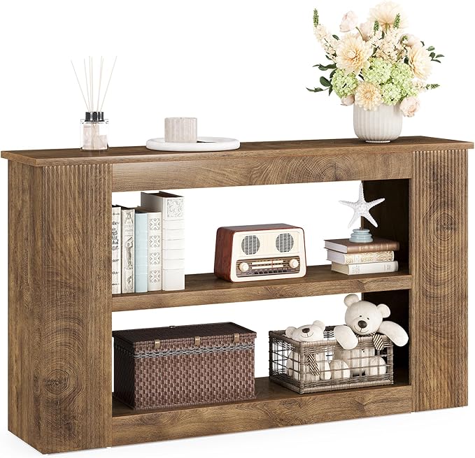 LITTLE TREE 55-Inch Console Table, 3-Tier Narrow Sofa Table for Entryway, Behind Couch, Farmhouse Entryway Table for Living Room, Hallway Table, Brown
