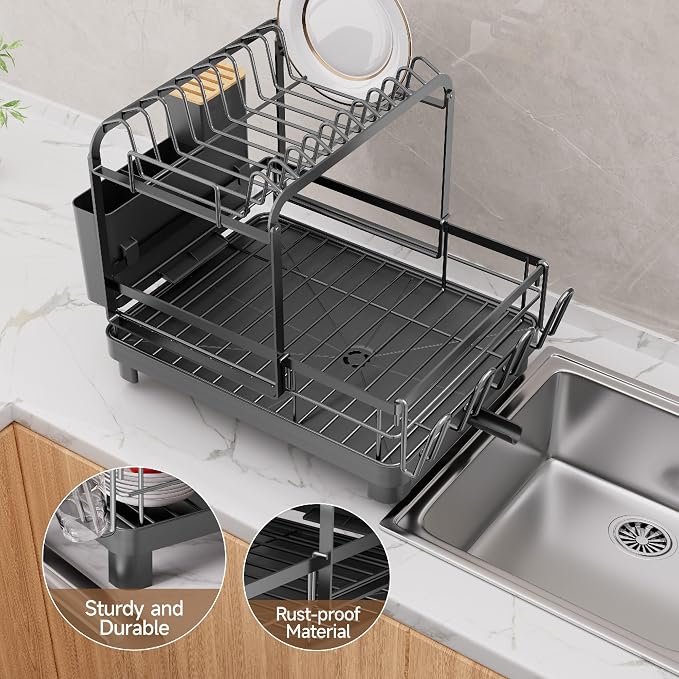 Runnatal 2-Tier Dish Drying Rack, Large Dish Rack with Drainboard Set, Detachable 4-in-1 Large Capacity Dish Drainer Over The Sink Anti-Rust for Kitchen Counter, Black