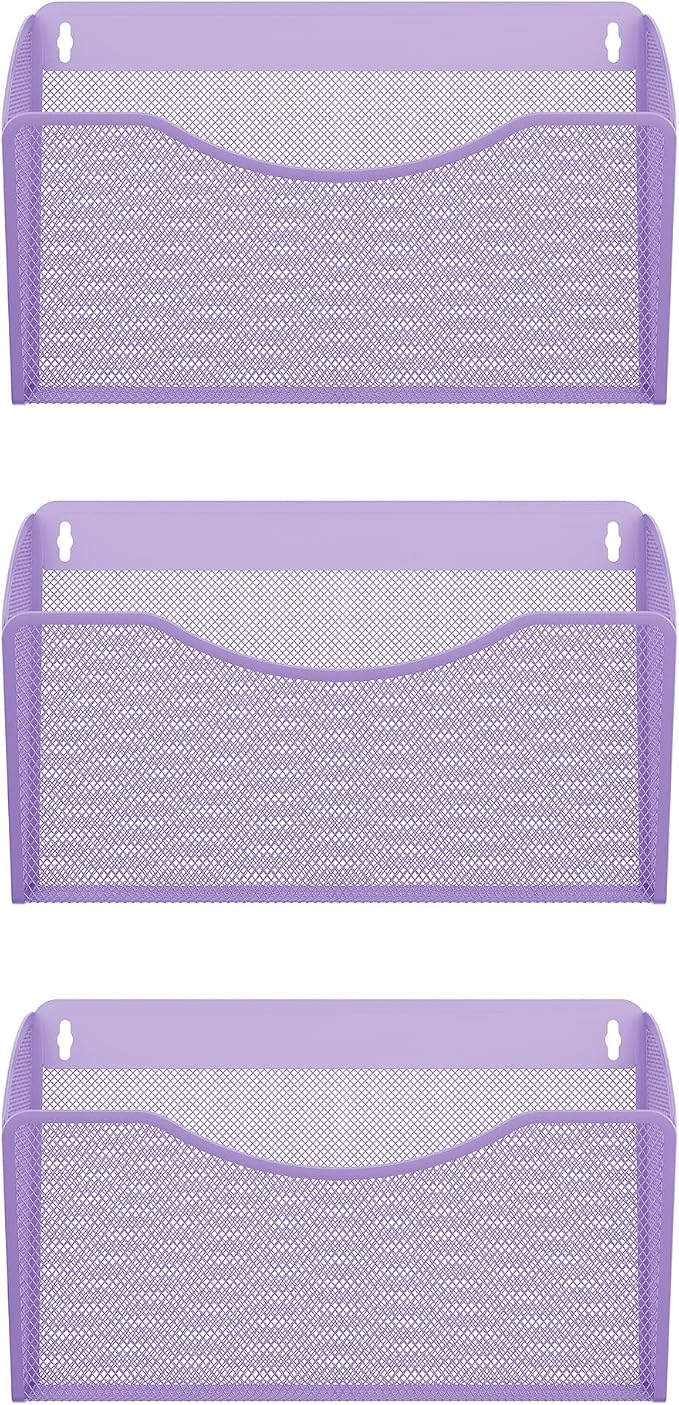 EasyPAG 3 Pack Wall File Organizer, Metal Mesh Hanging File Folder Holder for Letter/A4 Size Folders, Vertical Wall Mount Mail Sorter for Office Paperwork, Classroom, Purple