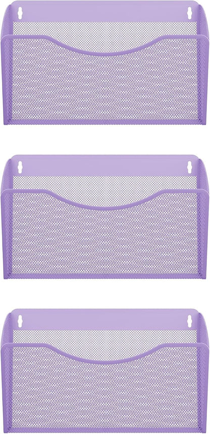 EasyPAG 3 Pack Wall File Organizer, Metal Mesh Hanging File Folder Holder for Letter/A4 Size Folders, Vertical Wall Mount Mail Sorter for Office Paperwork, Classroom, Purple