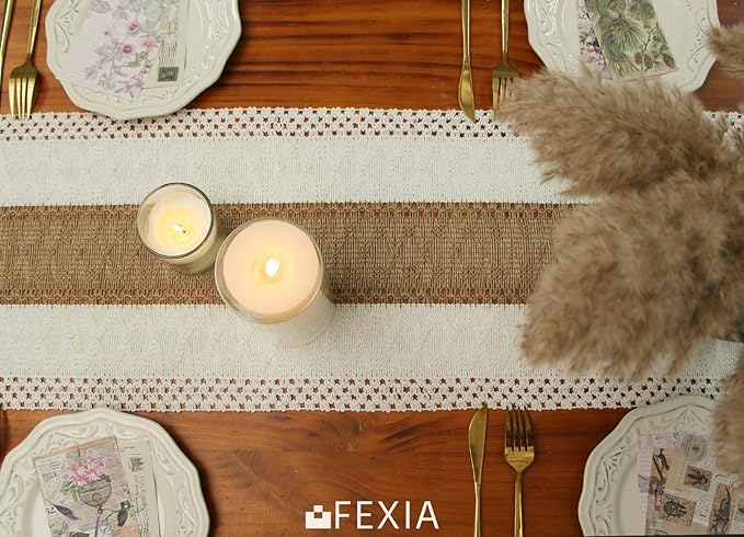 FEXIA Boho Table Runner for Summer Home Decor with Tassels 108 Inches Farmhouse Long Pottery barn Furniture Rustic Macrame Burlap Centerpieces for Tables Decoration for Living Room (12x108 Inches)