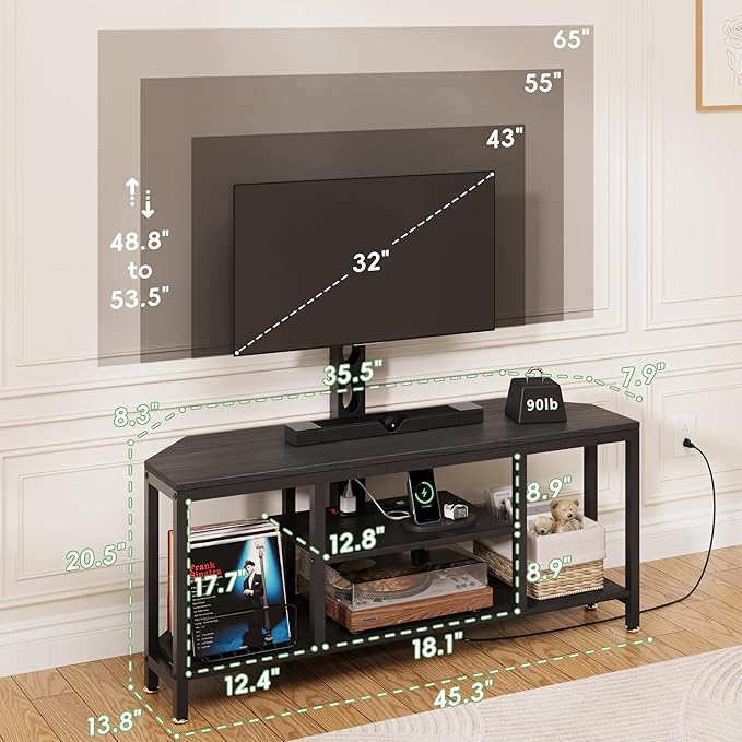 Corner TV Stand with Mount LED - Universal TV Mount Stand for 32-65" TV, Height Adjustable Swivel TV Console Wood & Steel Entertainment Center with Mount, Cabinet, Power Outlet, Colorful Light, Black