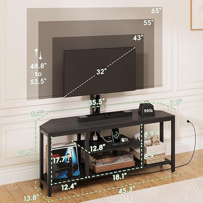 Corner TV Stand with Mount LED - Universal TV Mount Stand for 32-65" TV, Height Adjustable Swivel TV Console Wood & Steel Entertainment Center with Mount, Cabinet, Power Outlet, Colorful Light, Black
