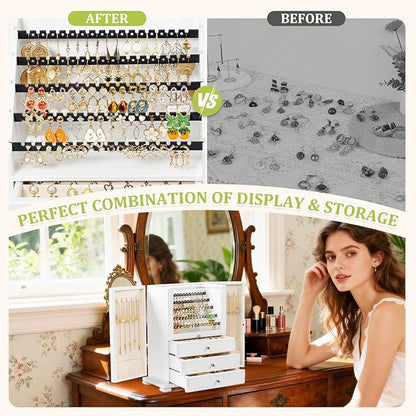 Jewelry Box Organizer, Rustic Wooden Jewelry Boxes for Women Girls, Large Storage Earring Holder Organizer Display for Earrings Necklaces Rings Bracelets, Jewelry Case as Gifts for Her