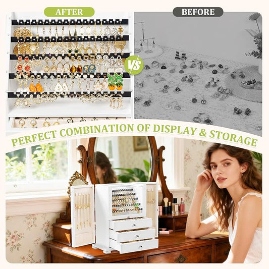 Jewelry Box Organizer, Rustic Wooden Jewelry Boxes for Women Girls, Large Storage Earring Holder Organizer Display for Earrings Necklaces Rings Bracelets (White)