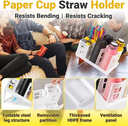 Cup and Lid Holder, Disposable Paper Cup Dispenser with Coffee Pod Straw Storage Basket, Countertop Coffee Cup Holder for Coffee Stations, Bars, Break Rooms, Living Rooms, Parties (White)