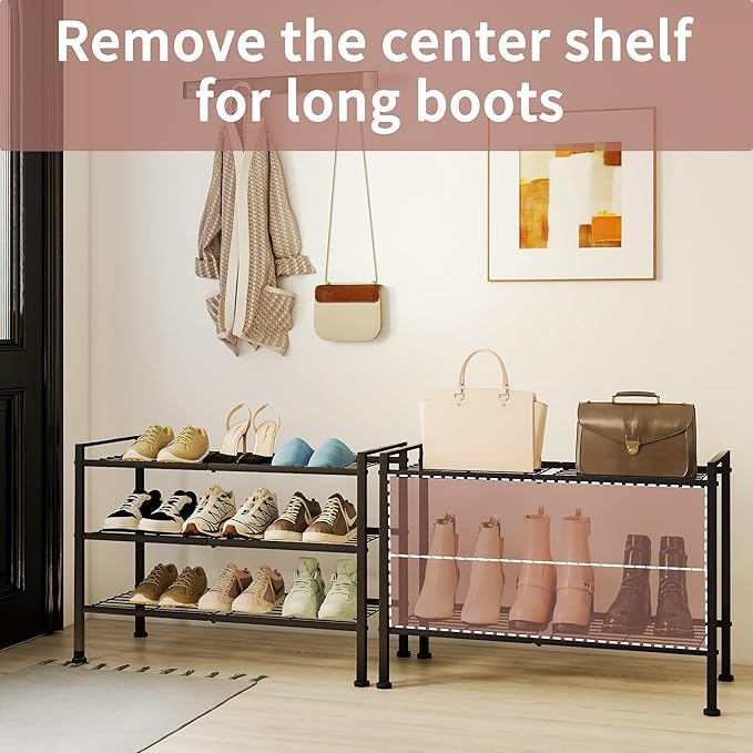 3 Tier Shoe Rack for Closet,Adjustable Metal Shoe Storage Organizer Utility Shelf for Entryway, Dorm Room,Bedroom,Heavy Duty Shelf (Black, 3 Tier)