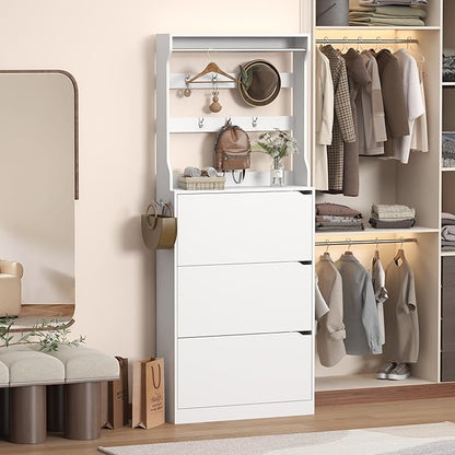 Tall Shoe Cabinet with Coat Rack, Hidden Shoe Storage Cabinet with Doors & Drawer, Hanging Bar & Hooks, Slim Narrow Freestanding Shoe Rack Organizer for Entryway, Hallway & Living Room, White