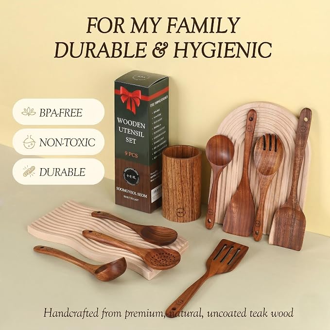 SOOMGYEOL SEOM 9-Piece Teak Wood Cooking Utensil Set with Holder | Wooden Spoons and Spatulas, Countertop Organizer, Heat Resistant, Kitchen Tools