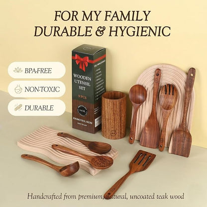 SOOMGYEOL SEOM 9-Piece Teak Wood Cooking Utensil Set with Holder | Wooden Spoons and Spatulas, Countertop Organizer, Heat Resistant, Kitchen Tools