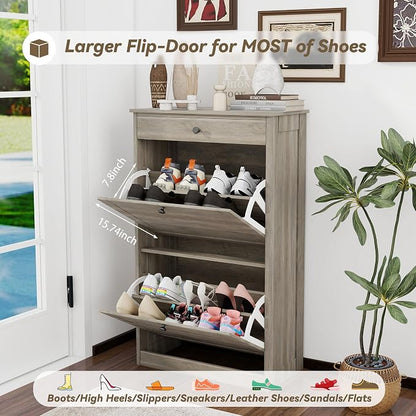 FTZxHKLX Shoe Cabinet with 2 Flip Drawers, Narrow Freestanding Shoe Storage Organizer, Slim Wooden Hidden Shoe Rack for Front Door Entrance, Closet, Hallway, Living Room, Rustic Gray
