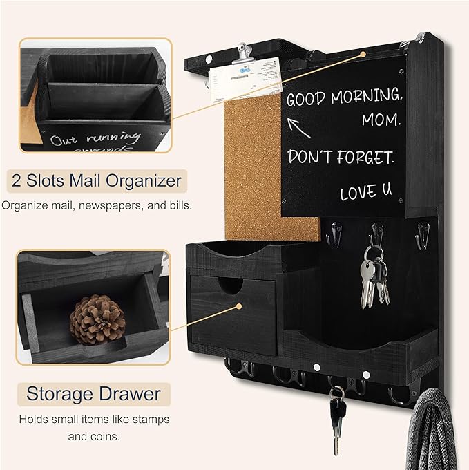 Key Holder Wall Mount， Mail Organizer Key Holder for Wall with Shelf, Drawer, Chalkboard, Corkboard, Home Decor Wall Mounted for Room Entryway (Black)