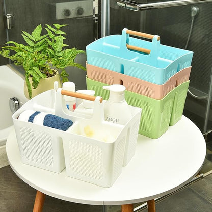 ALINK Portable Shower Caddy Basket with Compartments, Plastic Divided Cleaning Caddy Organizer Storage Tote with Handle for Bathroom, College, Dorm Room Essentials, White