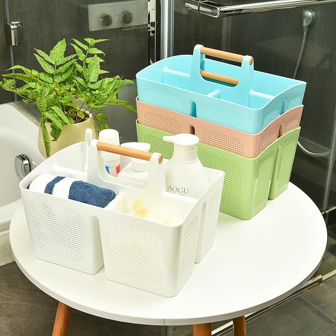 ALINK Portable Shower Caddy Basket with Compartments, Plastic Divided Cleaning Caddy Organizer Storage Tote with Handle for Bathroom, College, Dorm Room Essentials - Green