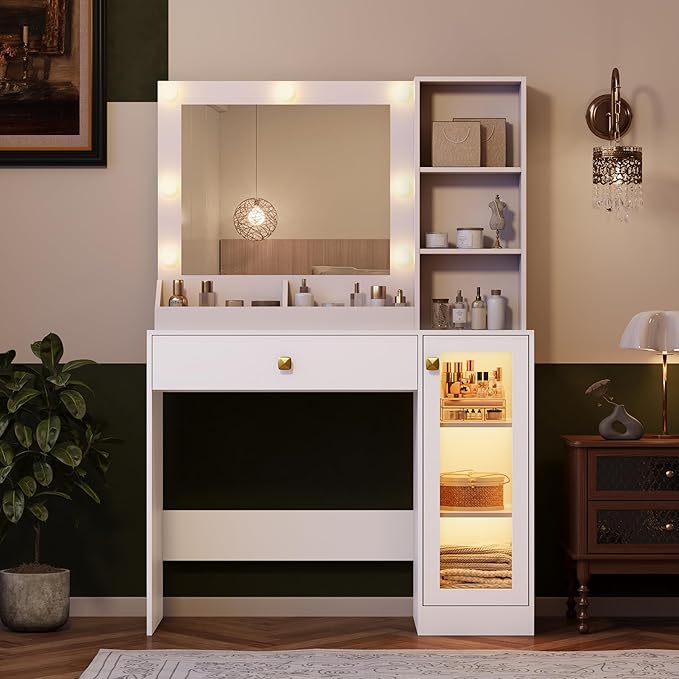 Makeup Vanity with Mirror and Lights, 34'' Wide Dressing Table & RGB Glass Cabinet, Small Vanity Desk with 3 Color Lighting Modes & Adjustable Brightness, White