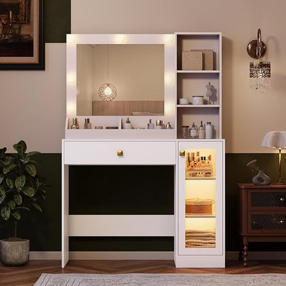 Makeup Vanity with Mirror and Lights, 34'' Wide Dressing Table & RGB Glass Cabinet, Small Vanity Desk with 3 Color Lighting Modes & Adjustable Brightness, White