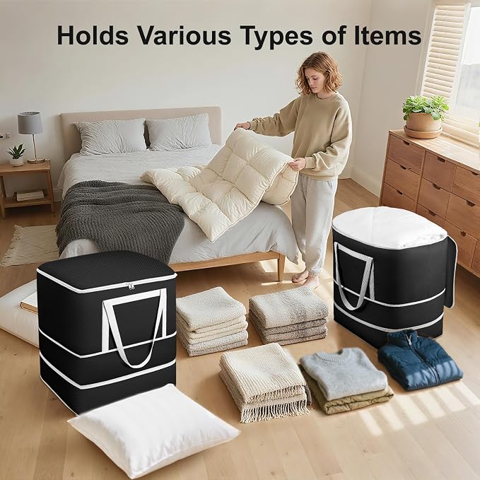 Comforter Storage Bag - 120L Bedding Storage Bags for Moving Closet, Washable Blanket Storage Bag, Ultra Space Saving Self Compression Organizer, 2-Pack, Black