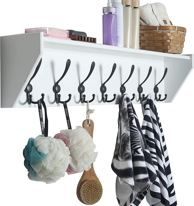 WEBI Coat Rack Wall Mount with Shelf,35" Long White Shelf with Hooks Underneath,7 Triple Hooks,Key Rack for Wall,Entryway Shelves for Wall