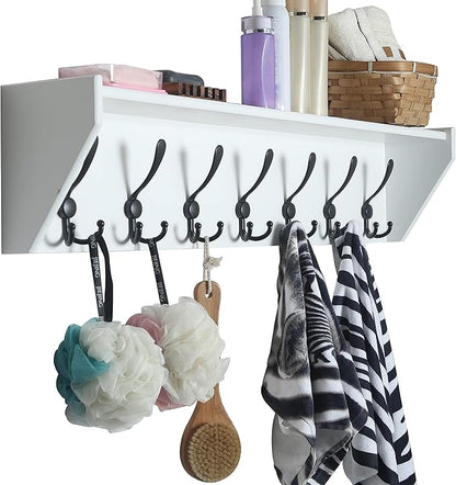 WEBI Coat Rack Wall Mount with Shelf,35" Long White Shelf with Hooks Underneath,7 Triple Hooks,Key Rack for Wall,Entryway Shelves for Wall