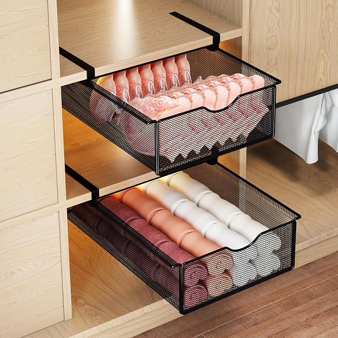 2 Pack Underwear Sock Drawer Organizer Set, Pull-Out Storage Baskets for Bra & Clothing, Closet & Dorm Room Organization Essentials(Black)