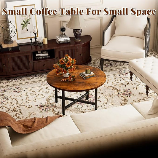Coffee Table, 23.6" Small Coffee Tables, Rustic Brown Round Coffee Tables for Living Room, Floor Table for Sitting on The Floor, Center Coffee Table with Metal Frame Industrial Office Home