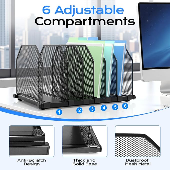Adjustable File Organizer for Desk, 6 Sections Vertical File Folder Holders Desktop Binder Organizer, Mesh Desk Organizer File Sorter for Home Office Classroom