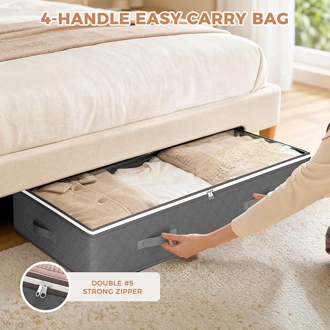 Budding Joy 60L Under Bed Storage Containers, Storage Bins with Clear Lids, Foldable Closet Organizers for Clothes, Blankets, Shoes, Bed Sheets, Comforter, Wrapping Paper, Home Dorm Storage
