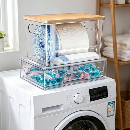 2Pcs Trash Bag Holder Under Sink Stackable Storage, Extra Large Laundry Room Organization and Storage, Laundry Pod Organization with Lid, Garbage Bag Dispenser Roll Holder for Kitchen Cabinet
