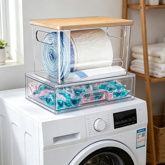 2Pcs Trash Bag Holder Under Sink Stackable Storage, Extra Large Laundry Room Organization and Storage, Laundry Pod Organization with Lid, Garbage Bag Dispenser Roll Holder for Kitchen Cabinet