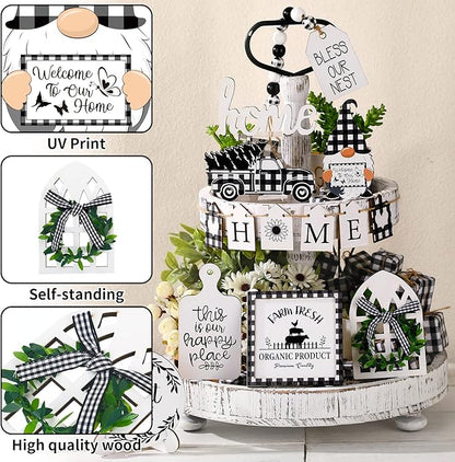 11 Pcs Home Tiered Tray Decor Buffalo Plaid Black and White Rustic Farmhouse Tiered Tray Decorations Set Home Wooden Signs Vintage Animal Tabletop Wood Signs for Kitchen Table Shelf Decor