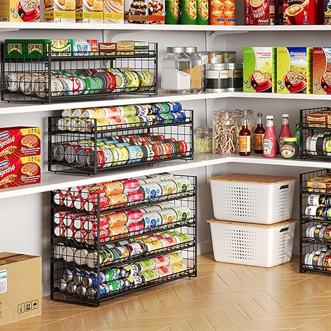 3 Tier Stackable Can Rack Organizer for Pantry Shelf, Adjustable Extra-Long Can Holder for Kitchen Storage, Sturdy Standing Rolling Can Dispenser for Canned Food Goods Drink Soup up to 96, Black