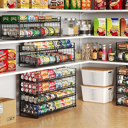 3 Tier Stackable Can Rack Organizer for Pantry Shelf, Adjustable Extra-Long Can Holder for Kitchen Storage, Sturdy Standing Rolling Can Dispenser for Canned Food Goods Drink Soup up to 96, Black