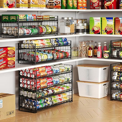 Sbanmao Extra-Long 2-Tier Stackable Can Organizer for Pantry, Sturdy Can Holder for Canned Soup Food Goods Storage up to 64 Cans, Black