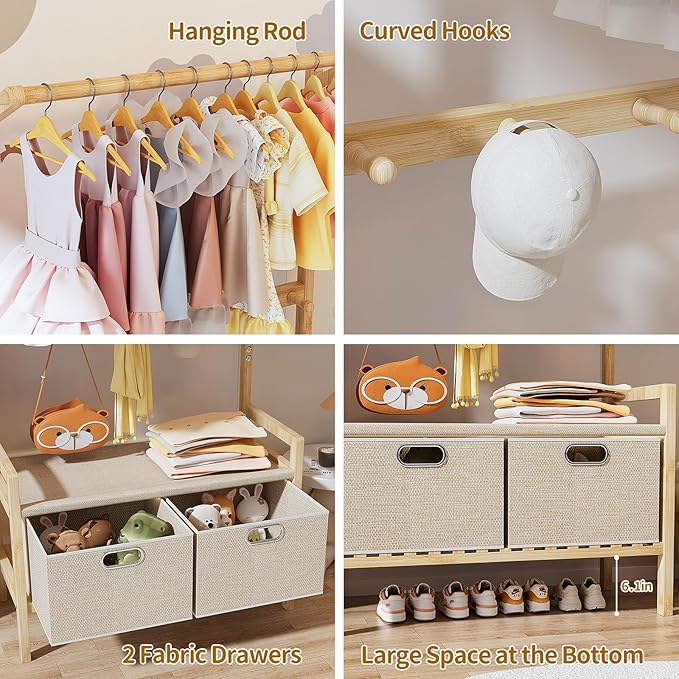 Luxspire Kids Clothing Rack, Bamboo Kids Dress up Rack with 1 Hanging Rod, 5 Hanging Hooks & 2 Fabric Drawers, Toddler Dress up Storage for Bedroom, Playroom, Nursery, Laundry, Burlywood