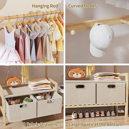 Luxspire Kids Clothing Rack, Bamboo Kids Dress up Rack with 1 Hanging Rod, 5 Hanging Hooks & 2 Fabric Drawers, Toddler Dress up Storage for Bedroom, Playroom, Nursery, Laundry, Burlywood