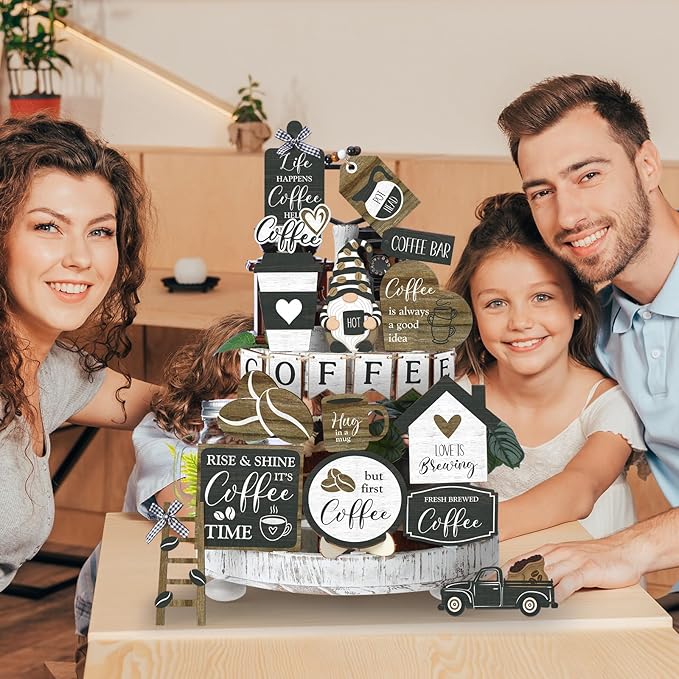 Yaomiao 21 Pcs Coffee Tiered Tray Decor Set Wooden Coffee Bar Decor Rustic Farmhouse Bar Decorations Wooden Table Sign Ornament for Table Kitchen Station Tray Shelf