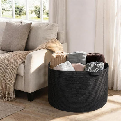 MEGASKET Large Black Blanket Basket, 22" X 22" X 14" Woven Rope Bin for Storage, Kids Dog Toy Storage Box Organizer Bins, Blanket Holder for Living Room, Decorative Wicker Basket for Organizing