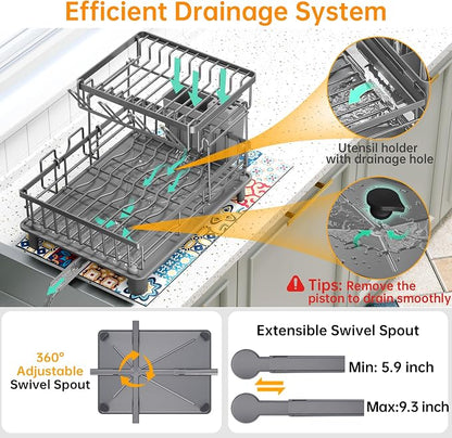 2 Tier Dish Drying Rack, Large Dish Racks for Kitchen Counter with Drying Mat, Detachable Dish Drainer Organizer, Rust-Resistant Space-Saving Dish Rack with Drainboard and Utensil Holder,Gray