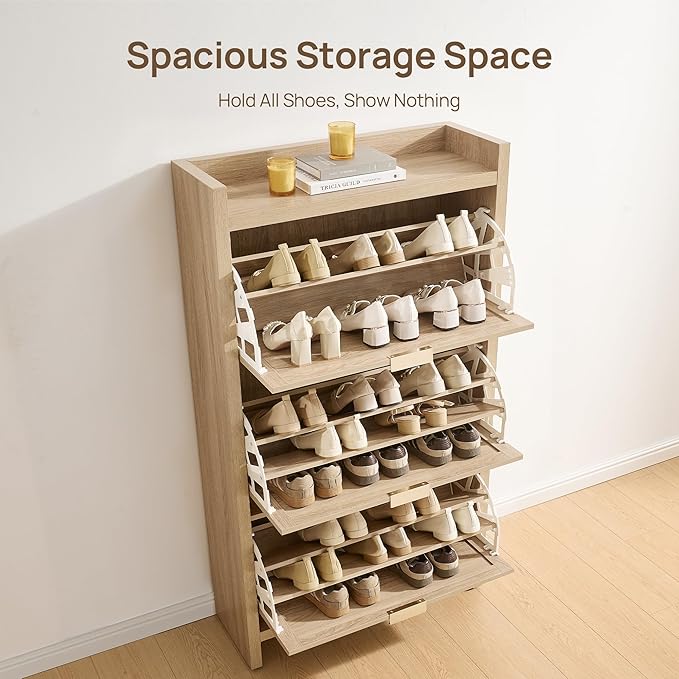 SICOTAS Rattan Shoe Storage Cabinet with 6 Flip Drawers, Freestanding Shoe Cabinet Storage for Entryway, Holds 50 Shoes, 57.4" Tall Farmhouse Shoe Organizer Rack for Foyer, Hallway, Light Oak, 2PCS
