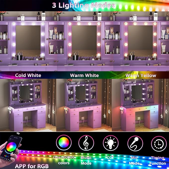 Vanity Desk with Mirror and Lights, Purple Vanity with Lighted Mirror & Power Outlet and 7 Drawers, 3 Color Modes Adjustable, Makeup Dressing Table Set with Lights for Girls Women