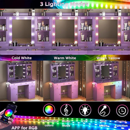 Vanity Desk with Mirror and Lights, Purple Vanity with Lighted Mirror & Power Outlet and 7 Drawers, 3 Color Modes Adjustable, Makeup Dressing Table Set with Lights for Girls Women