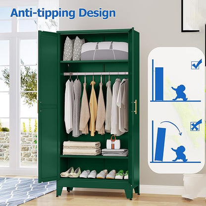 Metal Wardrobe Cabinet with Mirror and Hanging Rod, 71" Metal Clothing Storage Cabinets with 2 Doors and Adjustable Shelves, Green Armoire Wardrobe Closet for Bedroom, Laundry Room, Cloak Room
