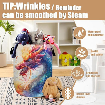 Colorful Dragon Laundry Basket, Foldable Waterproof Laundry Hamper Tote Bag Dirty Clothes Storage Bucket Toy Organizer for Bathroom/Laundry/Bedroom 15.7"x19.6"