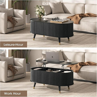 Oval Lift Top Coffee Table with Storage, 42.5” Fluted Coffee Table with Lifting Top & Solid Wood Legs, Mid Century Modern Center Table for Living Room, Home Office, Black