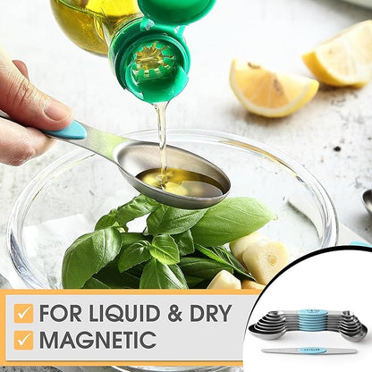 Spring Chef Stainless Steel Magnetic Measuring Spoons Set of 8 with Leveler, Metal Teaspoon & Tablespoon Measuring Spoons with Strong Magnets, Kitchen Gadgets for Baking & Cooking - 2 Pack - Aqua Sky